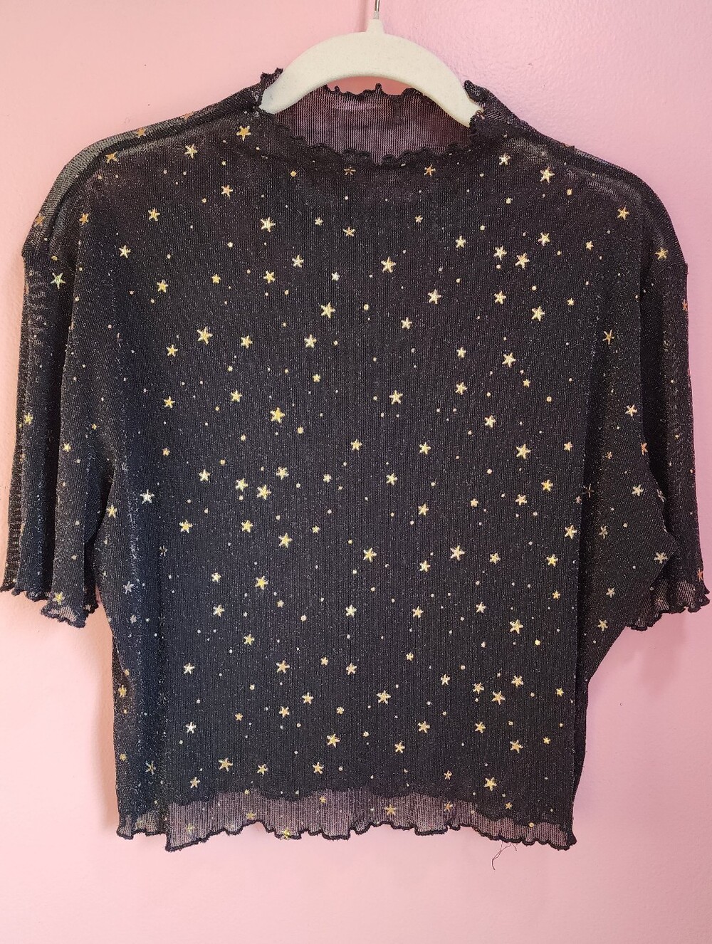 Sheer Sparkly Black & Gold Star-Print Short Sleeve Top Women's 2X